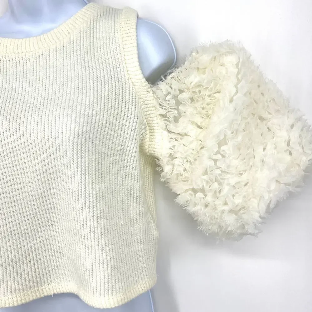 Zara Puff Cut Out Sleeve Crop Top Cream Size M NWOT